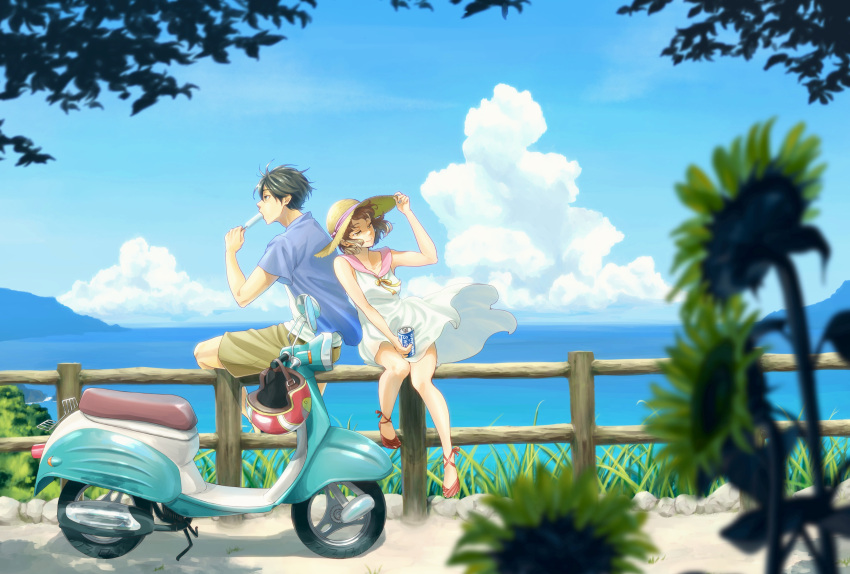 1boy 1girl :&gt; absurdres black_hair blue_shirt blurry brown_eyes brown_hair brown_shorts chama_kou closed_mouth clouds collarbone depth_of_field dress eating flower grass ground_vehicle hand_on_headwear hat helmet highres holding motor_vehicle original outdoors path popsicle profile railing red_shoes road rock sailor_dress scooter shirt shoes shorts sitting sky sleeveless sleeveless_dress smile sun_hat sunflower vespa water white_dress white_shirt wind