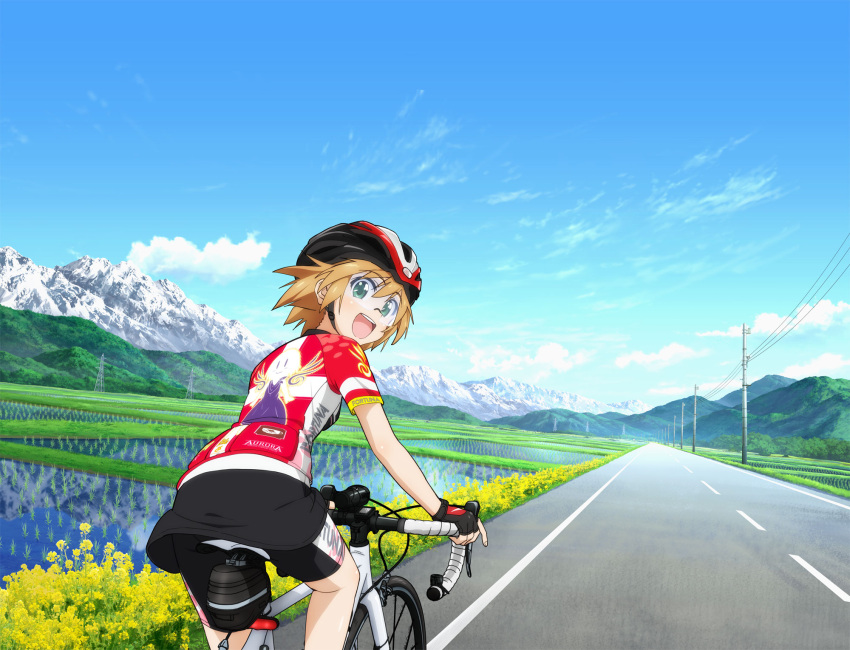1girl bicycle bike_shorts blonde_hair blue_eyes clouds ground_vehicle highres kurata_ami long_riders looking_back mountain rice_paddy road short_hair smile solo telephone_pole