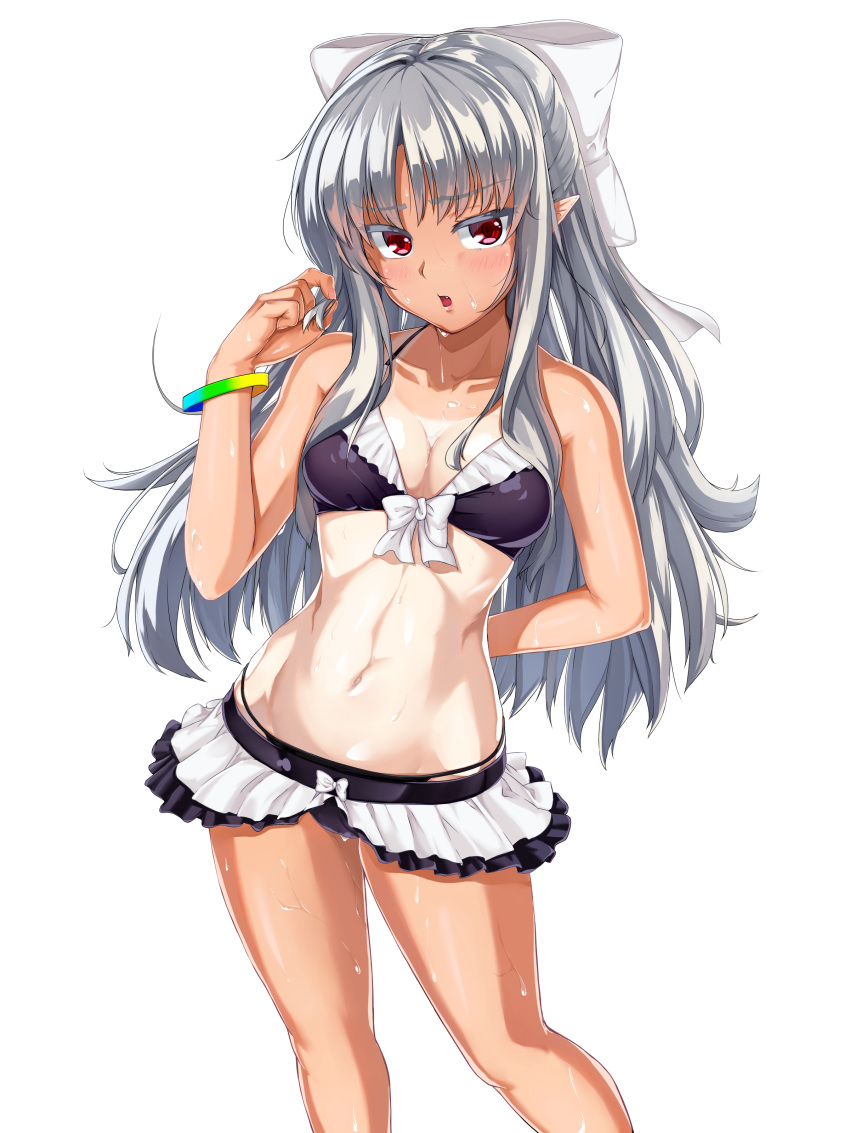 1girl :o absurdres arm_behind_back ban_(bannyata) bangs bikini bikini_skirt blush bow bow_bikini bracelet breasts cleavage collarbone colored_eyelashes contrapposto fang frilled_bikini frills groin hair_bow hair_twirling hand_up highres jewelry layered_bikini legs_apart long_hair looking_at_viewer medium_breasts melty_blood navel one-piece_tan open_mouth parted_bangs pointy_ears red_eyes shiny shiny_hair sidelocks silver_hair simple_background slender_waist solo standing sweat swimsuit tan tanline toned tsukihime very_long_hair white_background white_bow white_len