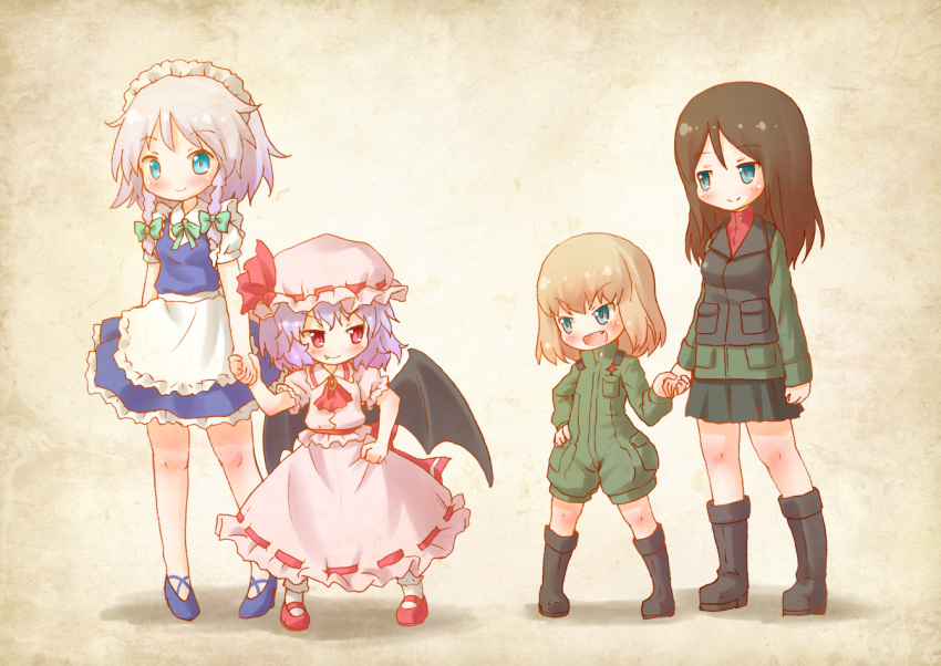 &gt;:) &gt;:d 4girls :d apron arinu bat_wings black_hair black_skirt blonde_hair blue_eyes boots bow braid commentary_request crossover fang full_body girls_und_panzer green_jacket hair_bow hat high_heels holding_hands izayoi_sakuya jacket katyusha lavender_hair long_hair long_sleeves maid_headdress mary_janes military military_uniform miniskirt mob_cap multiple_girls nonna open_mouth pleated_skirt red_eyes red_shirt remilia_scarlet shirt shoes short_jumpsuit silver_hair skirt smile touhou turtleneck twin_braids uniform vest wings