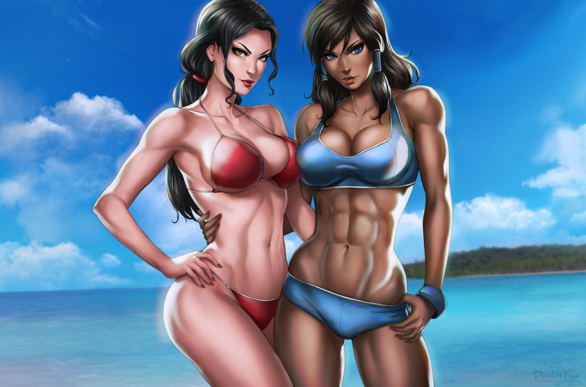 2girls abs armpits artist_name asami_sato avatar:_the_last_airbender bare_arms bare_shoulders beach bikini black_hair blue_bikini blue_eyes blue_sky breasts brown_hair cleavage closed_mouth coast comic dandon_fuga dark_skin day green_eyes hand_on_another's_back hand_on_hip korra long_hair looking_at_viewer low_ponytail medium_breasts multiple_girls muscle muscular_female nail_polish navel ocean outdoors red_bikini red_lips red_nails sand shore sidelocks sky smile standing stomach strap_gap summer swimsuit the_legend_of_korra toned water watermark web_address wristband
