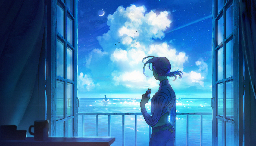 1boy balcony belt blue_sky boat cellphone clothing_cutout clouds day facing_away highres holding holding_phone jojo_no_kimyou_na_bouken long_hair long_sleeves male_focus meipu_hm midriff ocean pants phone pink_hair purple_pants purple_sweater ribbed_sweater sky solo sweater toned toned_male turtleneck turtleneck_sweater vento_aureo vinegar_doppio watercraft
