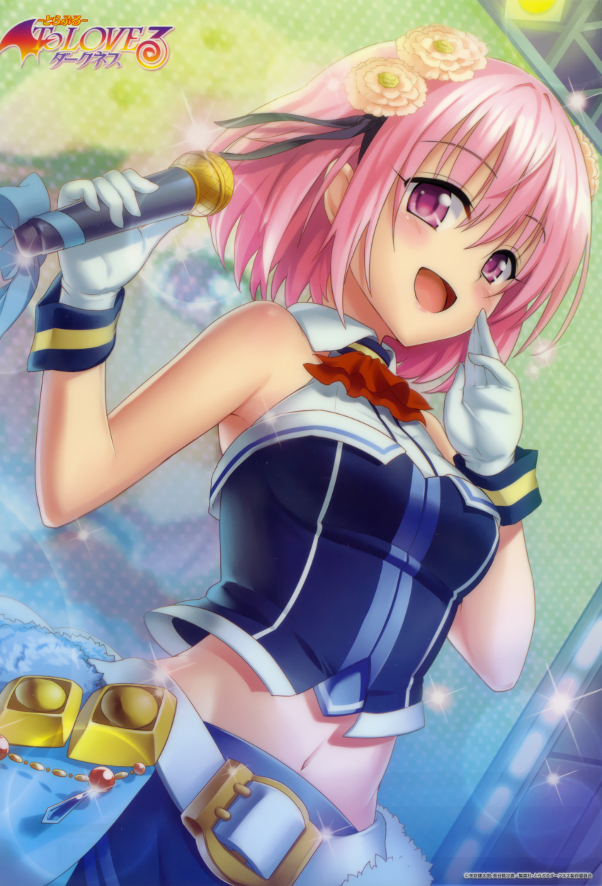 1girl absurdres black_ribbon copyright_name flower gloves hair_flower hair_ornament highres holding_microphone huge_filesize looking_at_viewer microphone midriff momo_velia_deviluke navel open_mouth pink_eyes pink_hair ribbon short_hair solo to_love-ru to_love-ru_darkness white_gloves