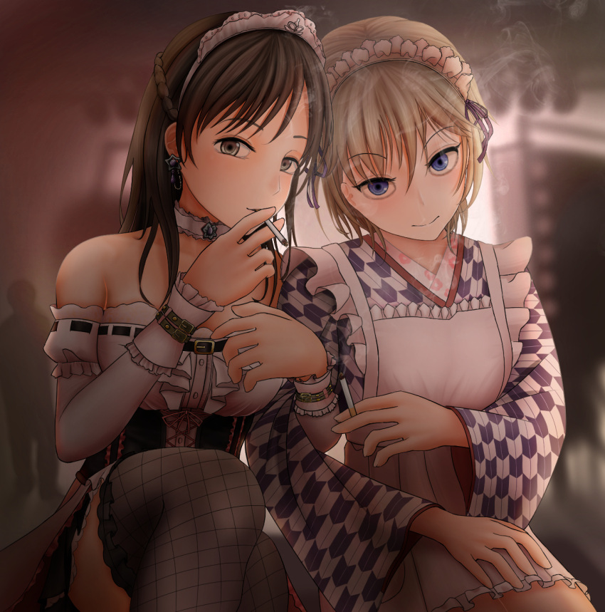 2girls anastasia_(idolmaster) apron bare_shoulders blue_eyes blurry brown_eyes brown_hair buckle choker cigarette corset depth_of_field detached_sleeves dress earrings fishnet_legwear fishnets hand_on_another's_thigh highres holding holding_cigarette idolmaster idolmaster_cinderella_girls japanese_clothes jewelry locked_arms long_hair long_sleeves looking_at_viewer love_laika maid maid_apron maid_headdress md5_mismatch multiple_girls nitta_minami off-shoulder_dress off_shoulder short_hair side-by-side silver_hair sleeves_past_wrists smile smoke smoking testame thigh-highs wa_maid wide_sleeves yagasuri yuri