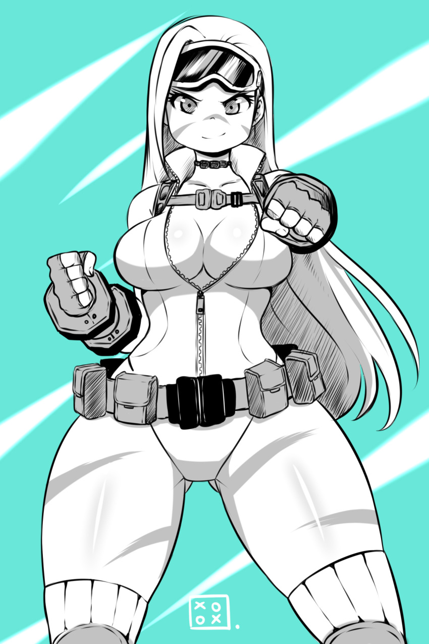 &gt;:) 1girl alternate_costume alternate_hairstyle aqua_background ass_visible_through_thighs belt belt_pouch body_blush bodypaint breasts cammy_white center_opening choker cleavage clenched_hands cowboy_shot facial_mark fighting_stance fingerless_gloves gloves goggles goggles_on_head hair_down harness high_collar highres hips kenron_toqueen knee_pads large_breasts legs_apart leotard long_hair looking_at_viewer monochrome outstretched_arm pouch ribbed_legwear serious smile smirk solo standing street_fighter street_fighter_v thick_thighs thigh-highs thighs unzipped utility_belt vambraces very_long_hair zipper