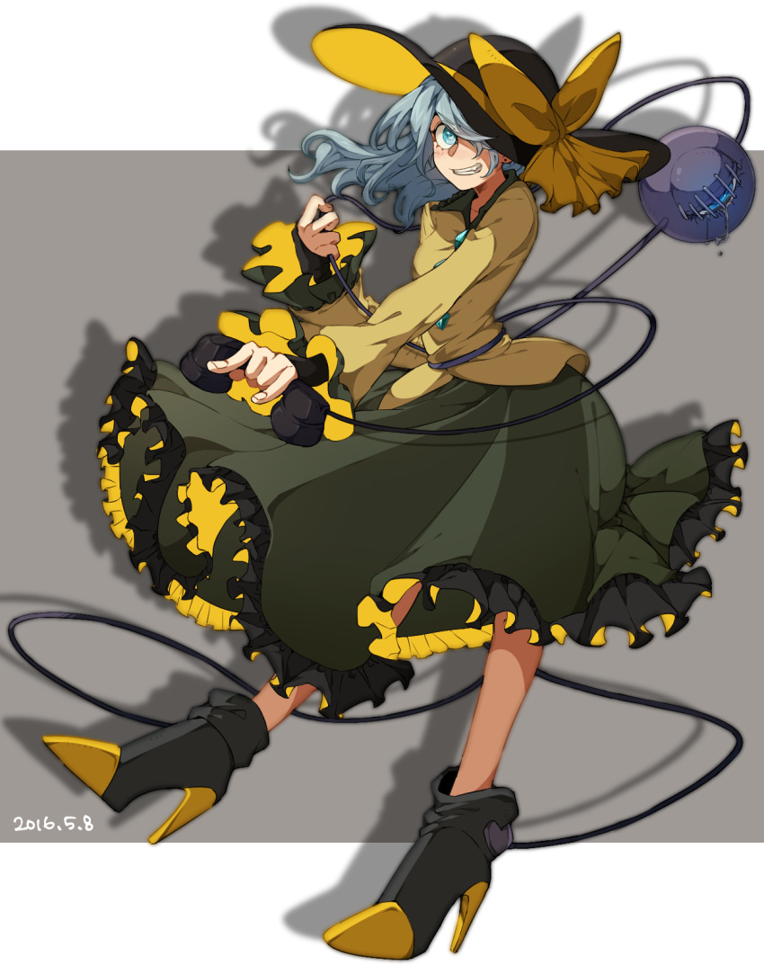 1girl blouse blue_eyes boots bow dated ear_piercing frills full_body grin hair_over_one_eye hat hat_bow high_heel_boots high_heels highres komeiji_koishi long_hair long_sleeves looking_at_viewer namataro phone piercing silhouette silver_hair skirt smile solo third_eye touhou wide_sleeves