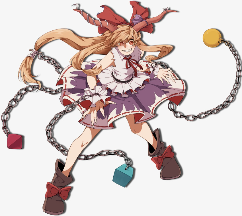 1girl ball_and_chain blonde_hair blouse boots bow chain fingernails full_body grin hair_bow highres horn_ribbon horns ibuki_suika long_hair looking_at_viewer namataro neck_ribbon oni red_eyes ribbon sharp_fingernails skirt smile solo torn_clothes torn_sleeves touhou white_background wrist_cuffs