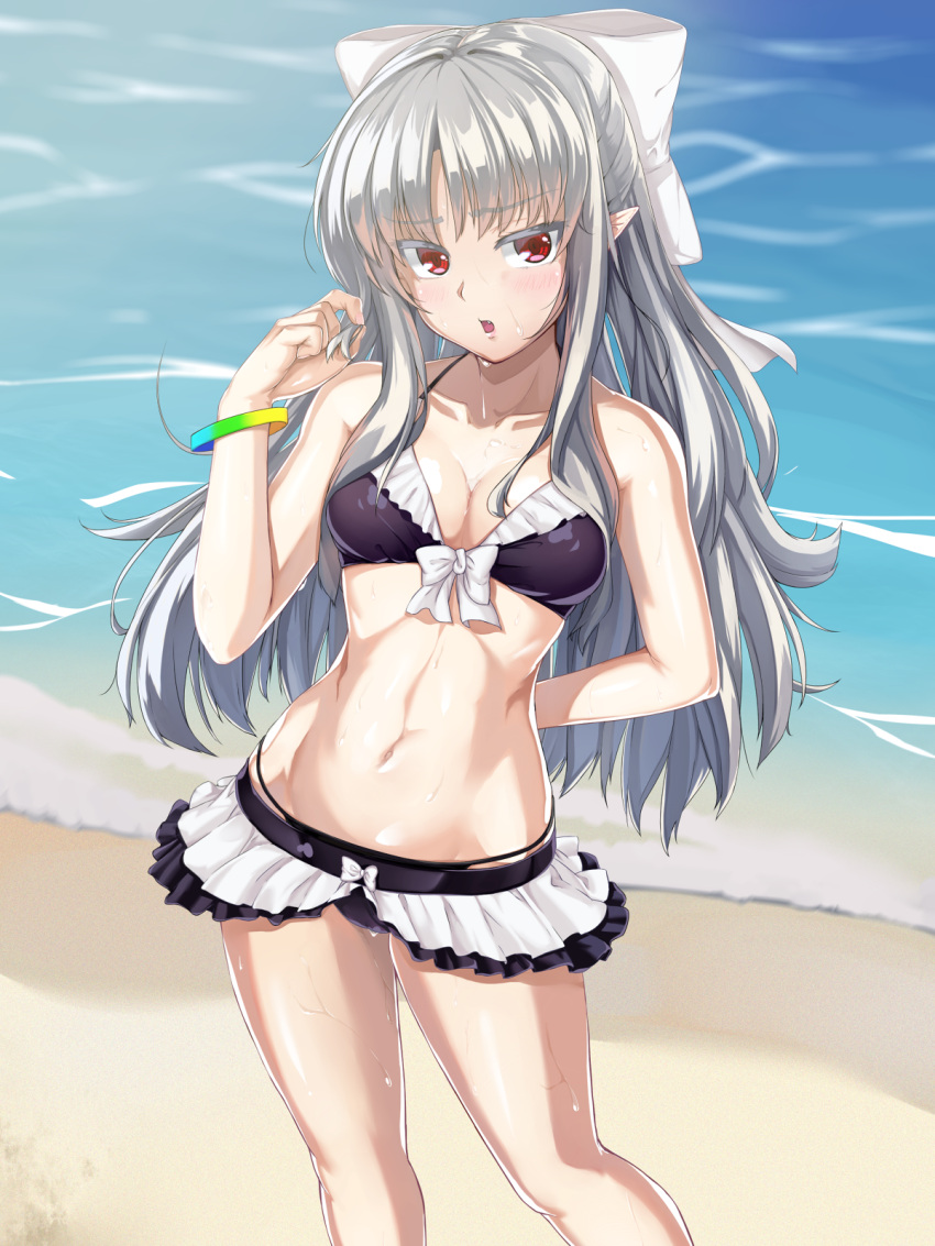 1girl :o arm_behind_back ban_(bannyata) bangs beach bikini bikini_skirt blurry blush bow bow_bikini bracelet breasts cleavage collarbone colored_eyelashes contrapposto day depth_of_field fang frilled_bikini frills groin hair_bow hair_twirling hand_up highres jewelry layered_bikini legs_apart long_hair looking_at_viewer medium_breasts melty_blood navel ocean open_mouth outdoors parted_bangs pointy_ears red_eyes shiny shiny_hair sidelocks silver_hair slender_waist solo standing sweat swimsuit toned tsukihime very_long_hair water white_bow white_len