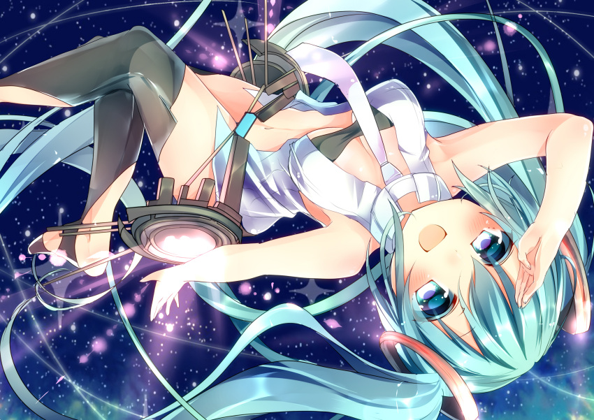 1girl aqua_eyes blush hatsune_miku highres long_hair miku_append navel necktie open_mouth salute solo thigh-highs twintails very_long_hair vocaloid vocaloid_append