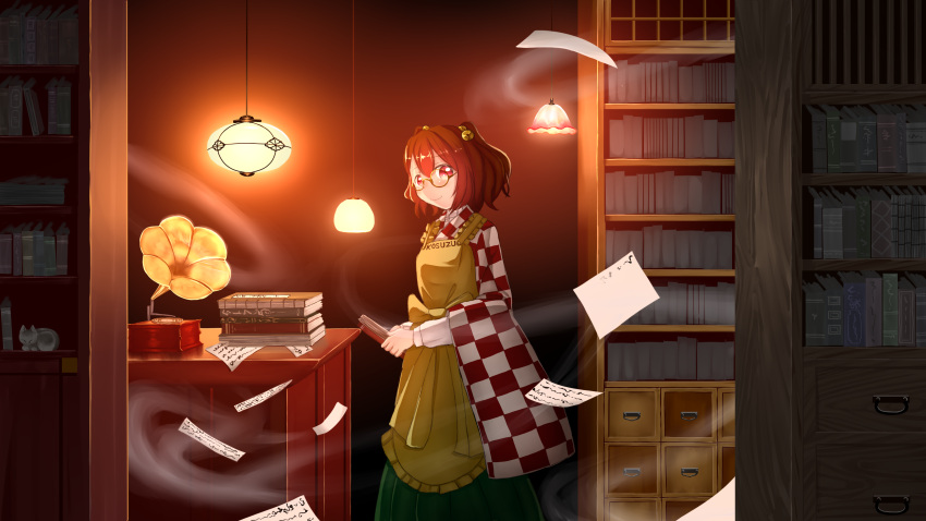 1girl absurdres apron bell book book_stack bookshelf character_name checkered_shirt clothes_writing endlesscat flying_paper glasses hair_bell hair_ornament highres holding holding_book indoors japanese_clothes jingle_bell kimono lamp looking_at_viewer motoori_kosuzu paper phonograph red_eyes redhead shirt short_hair smile solo touhou two_side_up wide_sleeves