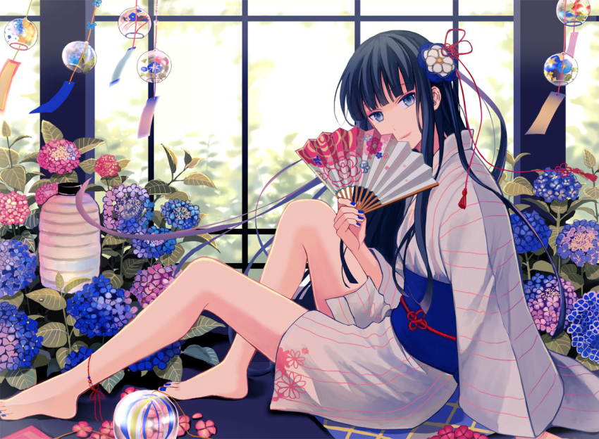 1girl anklet anko_kinako arm_at_side bangs bare_legs barefoot black_hair blue_eyes blue_nails blunt_bangs closed_mouth fan floral_print flower folding_fan from_side hair_flower hair_ornament hair_ribbon hydrangea japanese_clothes jewelry kimono lantern leaf long_hair long_sleeves looking_at_viewer looking_to_the_side md5_mismatch nail_polish original pink_lips plant potted_plant red_ribbon ribbon sash short_kimono sitting smile solo striped_kimono tassel toenail_polish transparent very_long_hair white_flower wide_sleeves wind_chime window