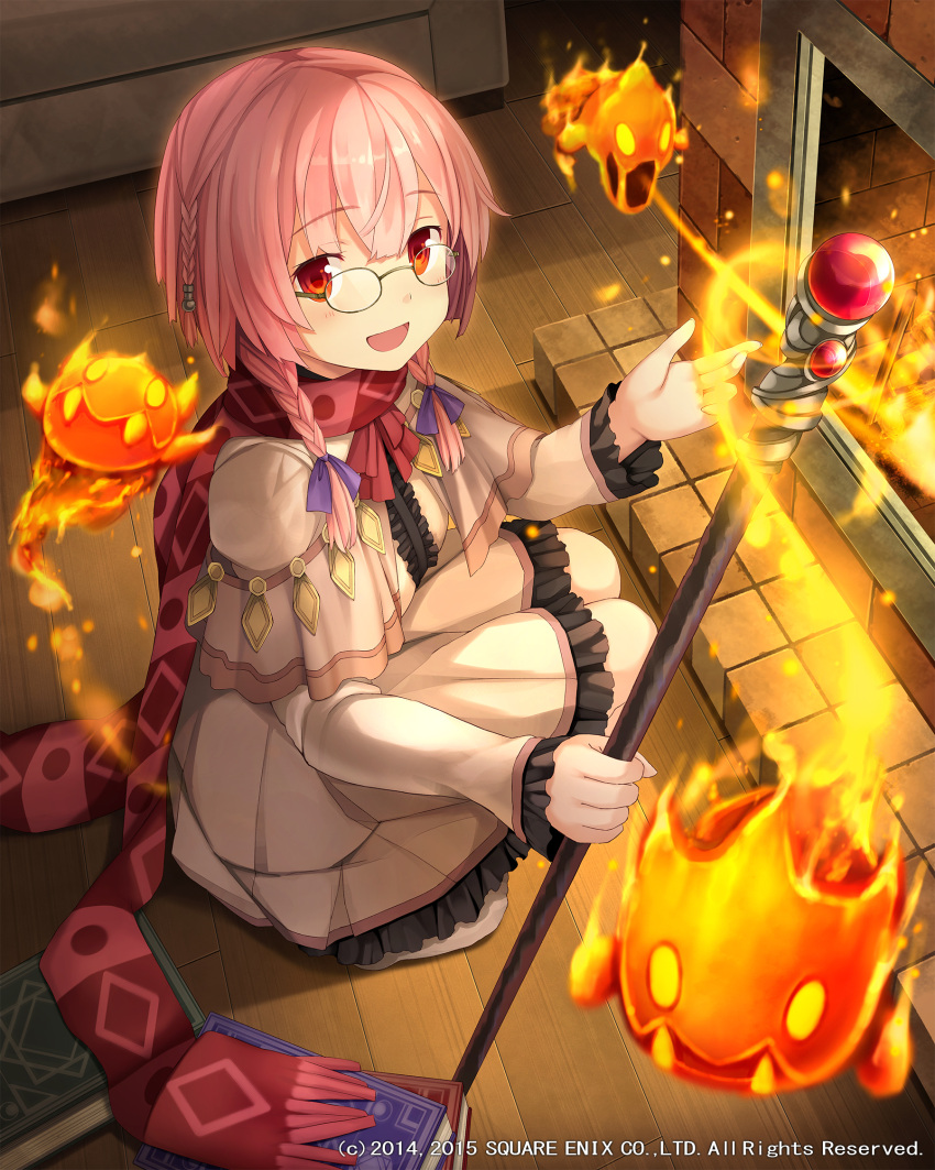 1girl 2014 2015 bangs book braid company_name dress eyebrows eyebrows_visible_through_hair fire from_above glasses hair_ribbon highres holding holding_weapon long_hair looking_at_viewer lost_crusade namaru_(summer_dandy) official_art open_mouth pink_hair red_eyes ribbon scarf solo squatting staff twin_braids weapon