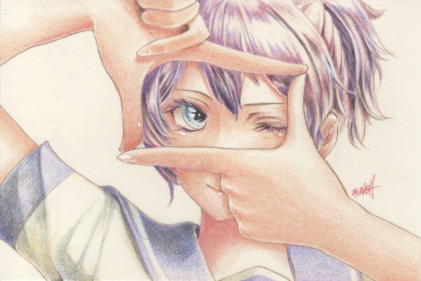 1girl aoba_(kantai_collection) blue_eyes finger_frame hands_up kantai_collection looking_at_viewer millipen_(medium) one_eye_closed portrait purple_hair school_uniform serafuku short_hair short_sleeves signature simple_background smile solo tesun_(g_noh) traditional_media watercolor_(medium) white_background