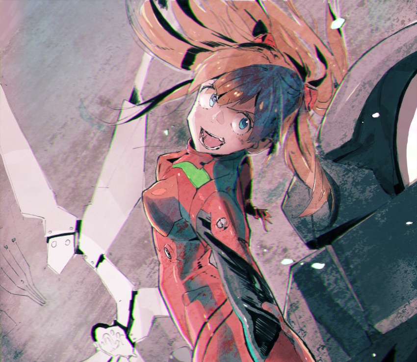 &gt;:d (stag) 1girl :d bangs blue_eyes blush bodysuit bracer breasts brown_hair cowboy_shot floating_hair foreshortening from_side gloves head_tilt headgear highres long_hair looking_at_viewer looking_back neon_genesis_evangelion open_mouth outstretched_arms pilot_suit plugsuit small_breasts smile solo souryuu_asuka_langley spread_arms turtleneck