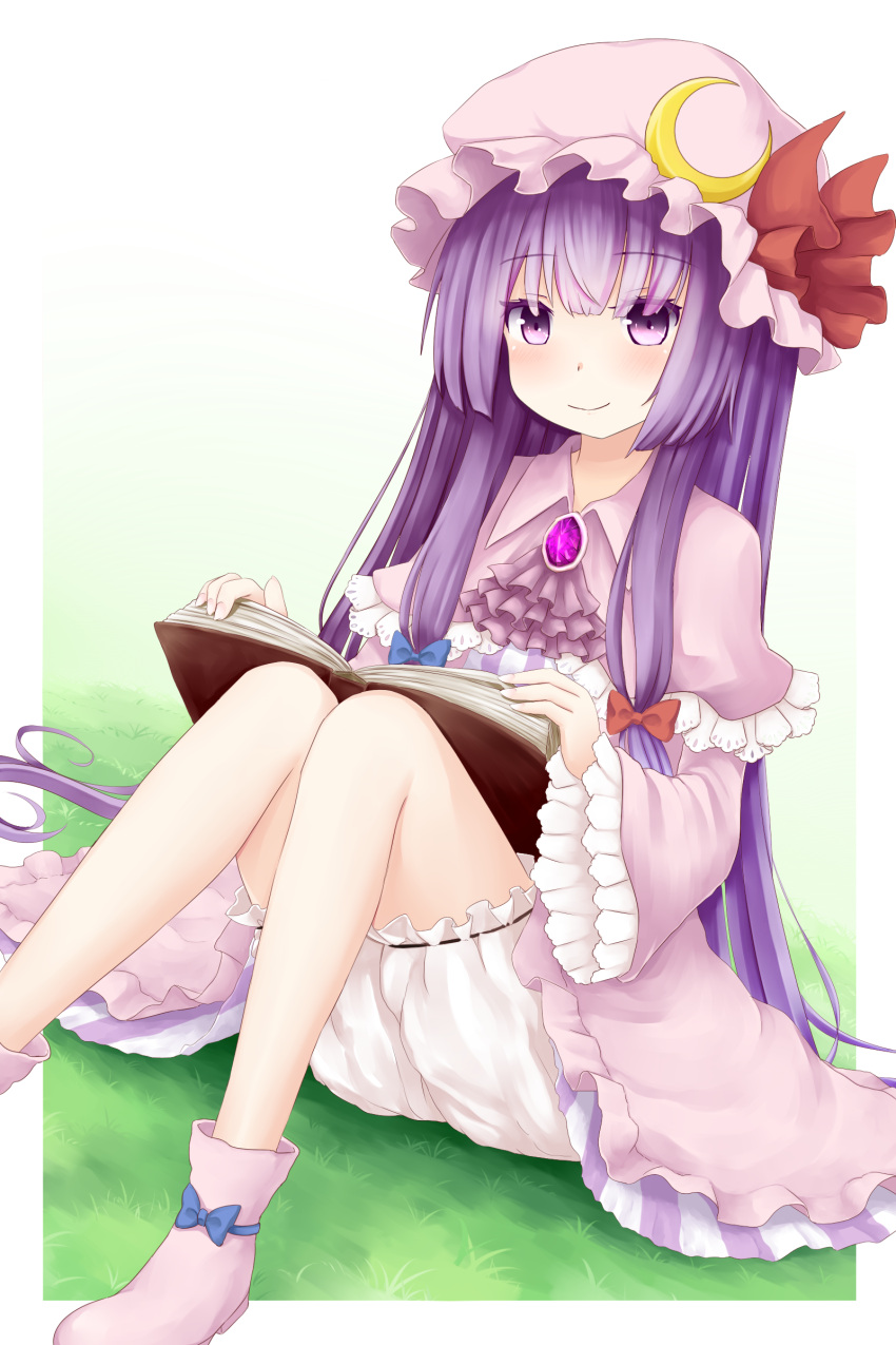 1girl absurdres anata_(lighttuner) ascot bloomers blush book boots capelet crescent dress dutch_angle gradient gradient_background hat hat_ribbon highres long_sleeves looking_at_viewer mob_cap on_grass open_book patchouli_knowledge purple_hair ribbon sitting smile solo striped striped_dress touhou underwear violet_eyes wide_sleeves