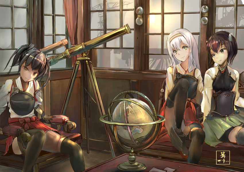 3girls arm_support black_hair black_legwear brown_eyes chair commentary couch crane globe green_eyes grey_eyes hakama_skirt head_tilt headband highres indoors kantai_collection kobaman_annwn long_hair looking_at_another looking_to_the_side multiple_girls muneate scenery short_hair shoukaku_(kantai_collection) signature silver_hair sitting table taihou_(kantai_collection) telescope thigh-highs twintails window zuikaku_(kantai_collection)