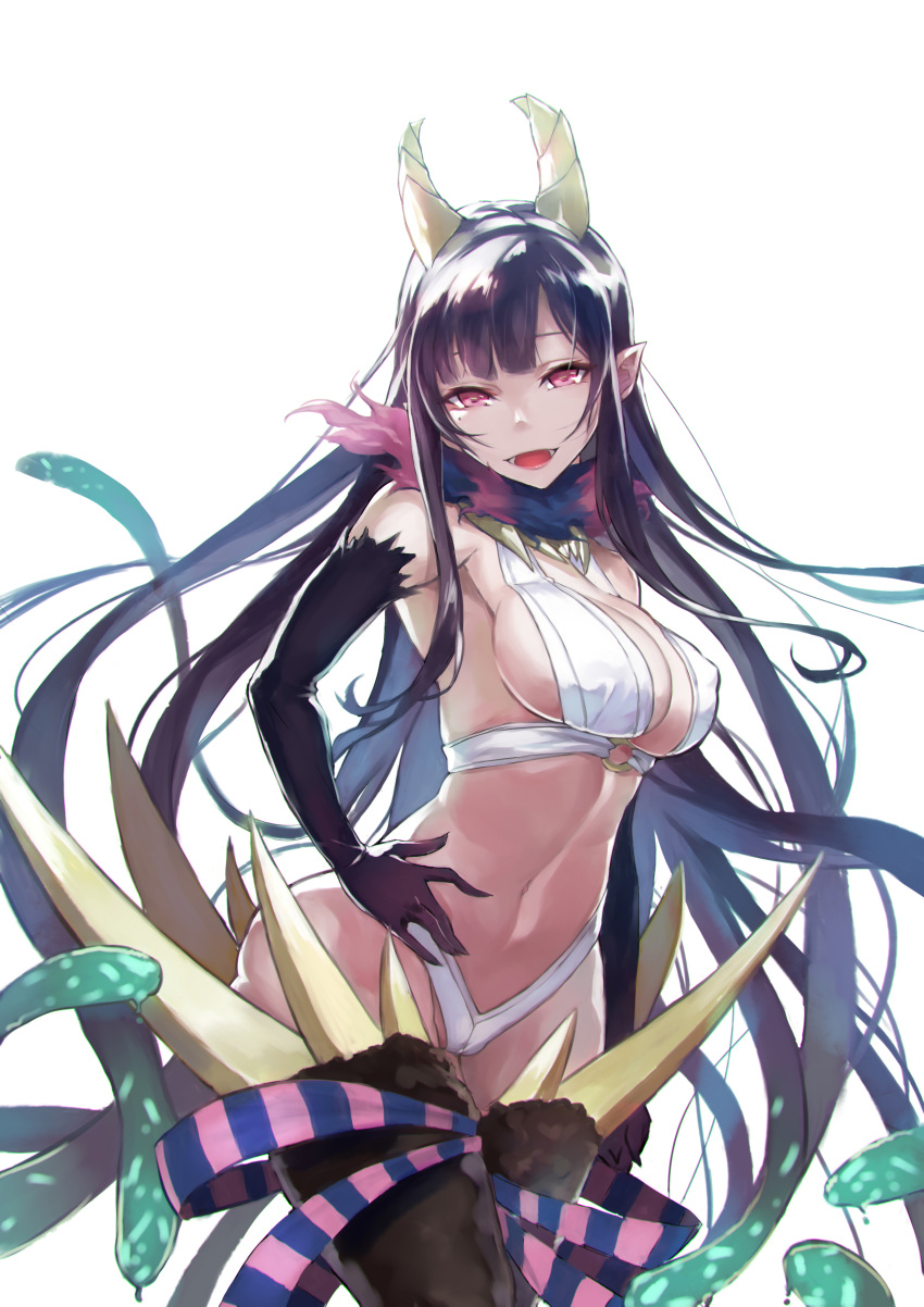 1girl :d absurdres ane_naru_mono black_gloves black_hair borrowed_character breasts chiyo_(ane_naru_mono) covered_nipples elbow_gloves gloves hand_on_hip head_tilt highres horns kamisa long_hair looking_at_viewer mole mole_under_eye open_mouth pink_eyes pointy_ears simple_background smile solo very_long_hair white_background