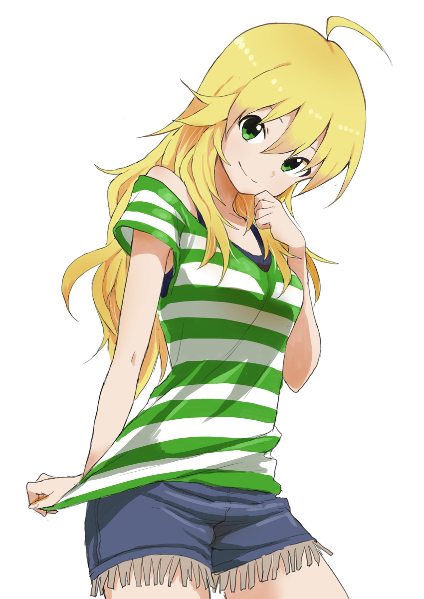 1girl absurdres arm_behind_back bare_shoulders black_bra blonde_hair bra commentary cowboy_shot frilled_shorts frills green_eyes highres hoshii_miki idolmaster looking_at_viewer looking_down shirt shorts solo striped striped_shirt underwear white_background yamamoto_souichirou