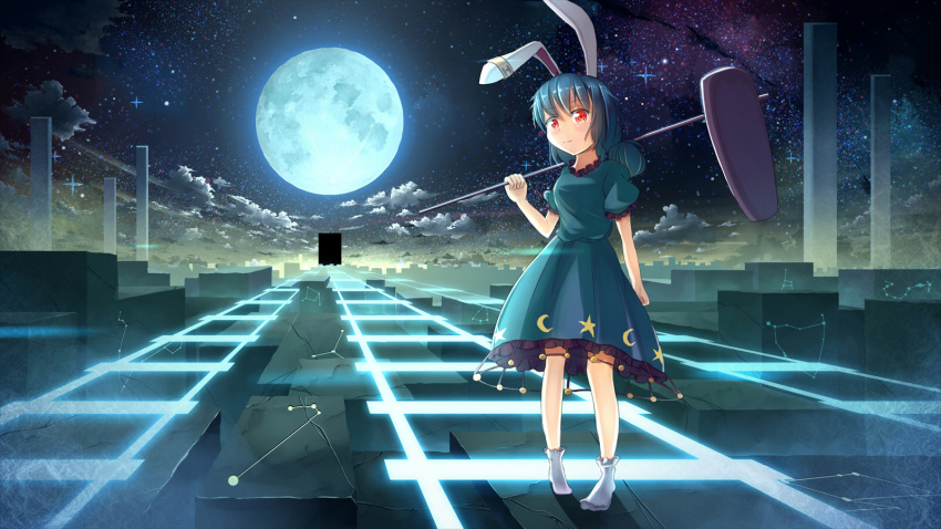 1girl animal_ears blue_dress blue_hair blush bobby_socks clouds cloudy_sky constellation crescent dress ear_clip endlesscat full_moon highres long_hair looking_at_viewer mallet moon night night_sky over_shoulder puffy_short_sleeves puffy_sleeves rabbit_ears red_eyes seiran_(touhou) short_sleeves sky smile socks solo star star_(sky) starry_sky touhou weapon weapon_over_shoulder white_legwear