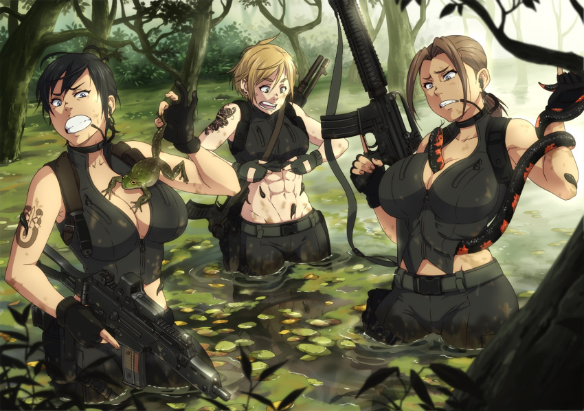 3girls abs algae animal animal_between_breasts animal_in_clothes arm_tattoo assault_rifle bangs belt between_breasts black_gloves black_hair black_pants blonde_hair breasts brown_hair buckle cleavage clenched_teeth collar commentary constricted_pupils crop_top dirty earrings eotech fingerless_gloves forest frog g36 g36c gloves gun headset highres holding_animal holster jewelry knife large_breasts leech m16 microphone midriff multiple_girls muscle muscular_female nature navel open_mouth original outdoors panicking pants partly_fingerless_gloves ponytail rifle sheath sheathed shirt shirt_lift short_hair shotgun sleeveless sleeveless_shirt sling snake sneedham spas-12 swamp tan tattoo teeth tree trigger_discipline unzipped wading water weapon zipper