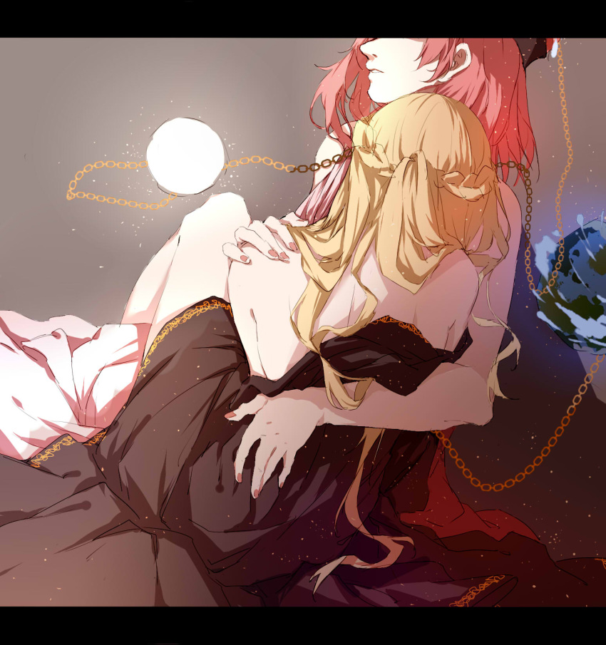 2girls back black_dress blonde_hair chain clothes_writing collar dress dutch_angle earth_(ornament) glowing half_updo hand_on_another's_back hand_on_another's_shoulder hat head_out_of_frame hecatia_lapislazuli highres junko_(touhou) kagari6496 leaning_on_person letterboxed light_particles long_hair loose_clothes moon_(ornament) multiple_girls nail_polish no_hat off_shoulder parted_lips polos_crown profile red_nails redhead shirt sitting sketch sphere touhou very_long_hair
