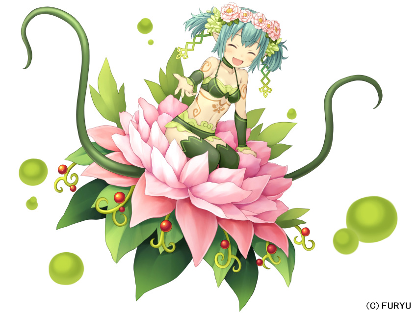 1girl arm_support arm_warmers bangs blush bra choker closed_eyes collarbone company_name eyebrows eyebrows_visible_through_hair flower green_bra green_hair green_panties hair_flower hair_ornament head_wreath highres monmusu-harem namaru_(summer_dandy) navel official_art open_mouth outstretched_hand panties pointy_ears short_hair short_twintails simple_background sitting smile solo tattoo thigh-highs twintails underwear white_background