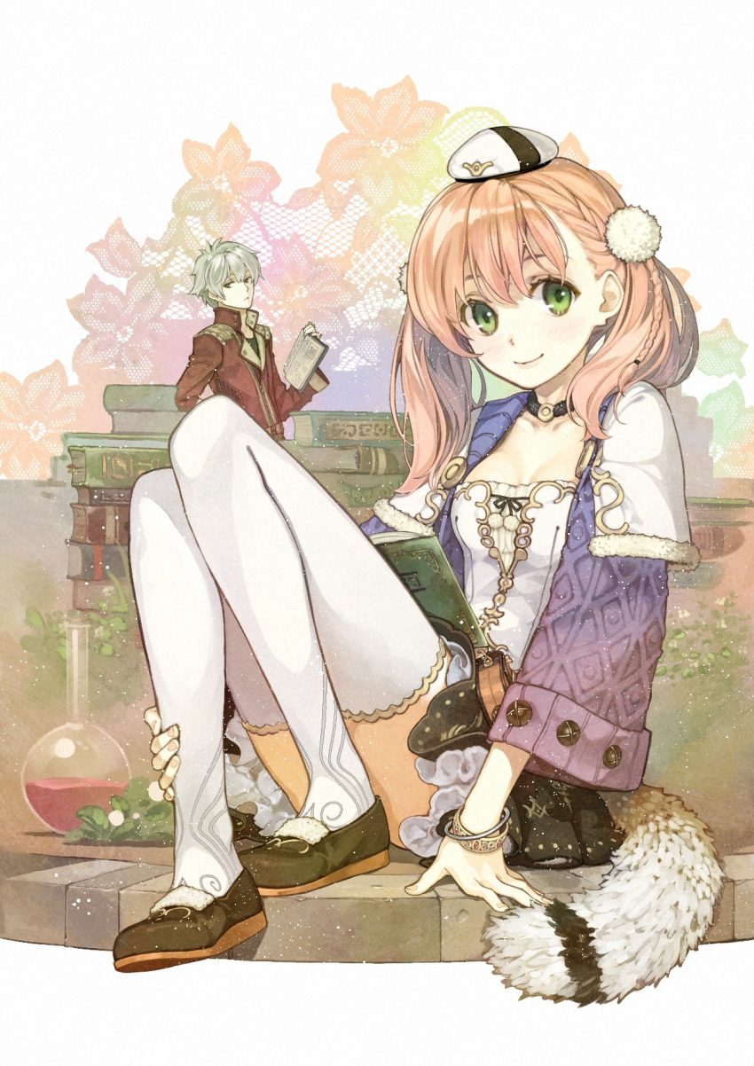 1girl atelier_(series) atelier_escha_&amp;_logy bangle blush book book_stack bracelet braid breasts breasts_apart brown_eyes brown_shoes brown_skirt closed_mouth collarbone escha_malier floral_background fur_collar green_eyes grey_hair hat head_tilt hidari_(left_side) highres holding holding_book jacket jewelry logix_ficsario long_hair looking_at_viewer medium_breasts official_art open_book pink_hair pleated_skirt pom_pom_(clothes) round-bottom_flask scan shoes sitting skirt smile standing tail thigh-highs twintails white_background white_legwear