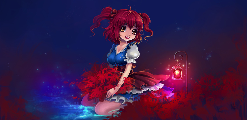1girl blue_dress blurry breasts brown_eyes cleavage depth_of_field dress flower highres lantern layered_clothing light_particles looking_up medium_breasts night night_sky onozuka_komachi redhead round_teeth sash seiza shishi_(x67937183) short_dress short_hair sitting sitting_on_water sky sleeveless sleeveless_dress smile solo sparkle spider_lily teeth thighs touhou two_side_up water white_dress wind