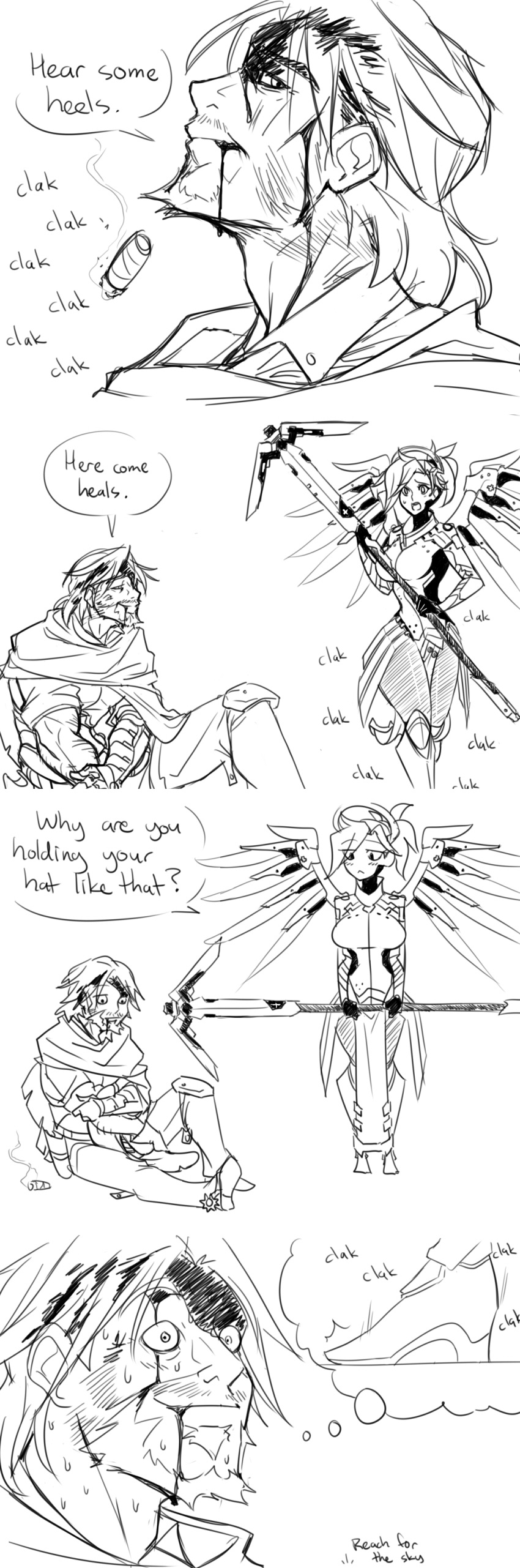 1boy 1girl 4koma absurdres beard bleeding blood bodysuit boots breasts cape cigar comic commentary cowboy cowboy_boots cowboy_hat english facial_hair gloves greyscale hat high_heels high_ponytail highres holster implied_erection large_breasts long_hair matsu-sensei mccree_(overwatch) mechanical_halo mechanical_wings mercy_(overwatch) monochrome open_mouth overwatch pantyhose ponytail short_hair sweat sweating_profusely western wings
