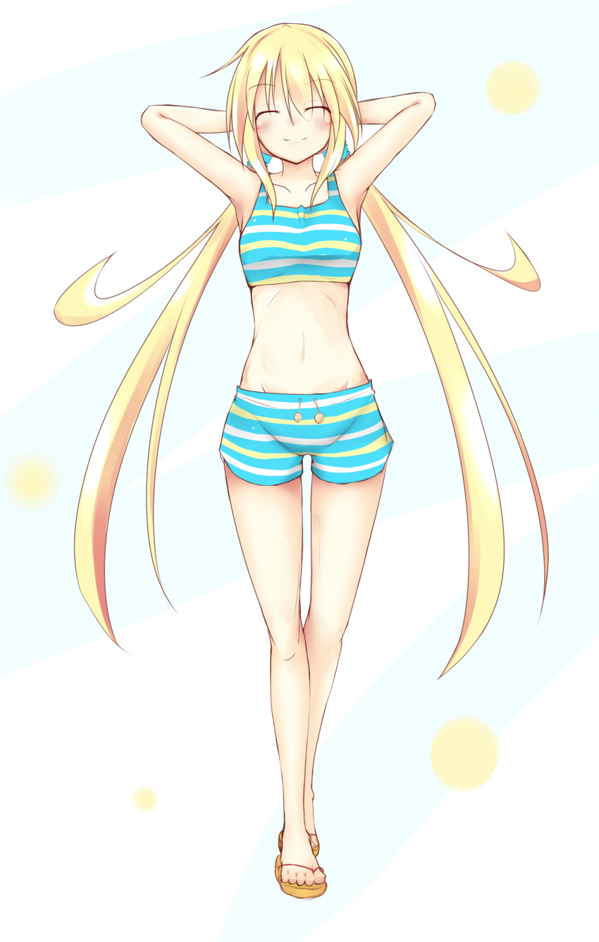 1girl absurdres alternate_costume arms_behind_head artist_request bare_arms bare_shoulders blonde_hair blush closed_eyes full_body highres kantai_collection long_hair low_twintails midriff navel sandals satsuki_(kantai_collection) shorts simple_background solo striped striped_shorts striped_tank_top swimsuit tank_top twintails very_long_hair