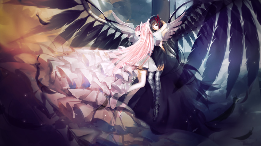 2girls akemi_homura akuma_homura alternate_eye_color argyle argyle_legwear arm_around_neck bangs black_dress black_gloves black_hair bow choker cross dark_orb_(madoka_magica) dress elbow_gloves feathered_wings feathers floating gloves goddess_madoka hair_bow high_heels hug kaname_madoka layered_dress light_particles long_dress long_hair mahou_shoujo_madoka_magica mahou_shoujo_madoka_magica_movie meaomao multiple_girls outstretched_arms pink_hair red_bow red_eyes spoilers spread_arms spread_wings thigh-highs transparent_wings two_side_up very_long_hair white_bow white_dress wings