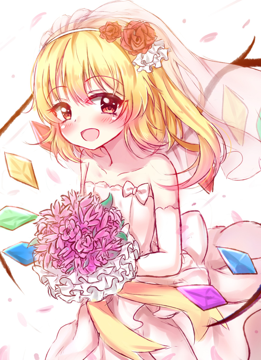 1girl absurdres alternate_costume bare_shoulders blonde_hair bouquet bow breasts bridal_gauntlets bridal_veil bride collarbone dress elbow_gloves eyebrows eyebrows_visible_through_hair flandre_scarlet flower gloves hair_bow hair_flower hair_ornament hanen_(borry) highres looking_at_viewer off_shoulder open_mouth red_eyes side_ponytail simple_background small_breasts solo touhou upper_body veil wedding_dress white_dress wings