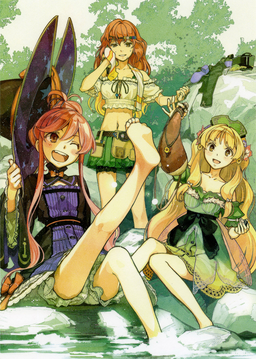 3girls ;d absurdres atelier_(series) atelier_ayesha ayesha_altugle bare_shoulders barefoot belt blonde_hair bloomers blush brown_eyes collarbone crop_top detached_sleeves fur_trim green_skirt hair_ornament hairclip hat head_tilt headdress hidari_(left_side) highres holding leg_lift long_hair midriff miniskirt multiple_girls navel official_art one_eye_closed open_mouth orange_hair outdoors parted_lips petticoat pleated_skirt puffy_short_sleeves puffy_sleeves redhead regina_curtis ribbon-trimmed_shirt rock shoes_removed short_sleeves sidelocks sitting skirt smile soaking_feet standing star_print thumbs_up towel towel_around_neck underwear very_long_hair water wilbell_voll=erslied wiping_face witch witch_hat yellow_eyes