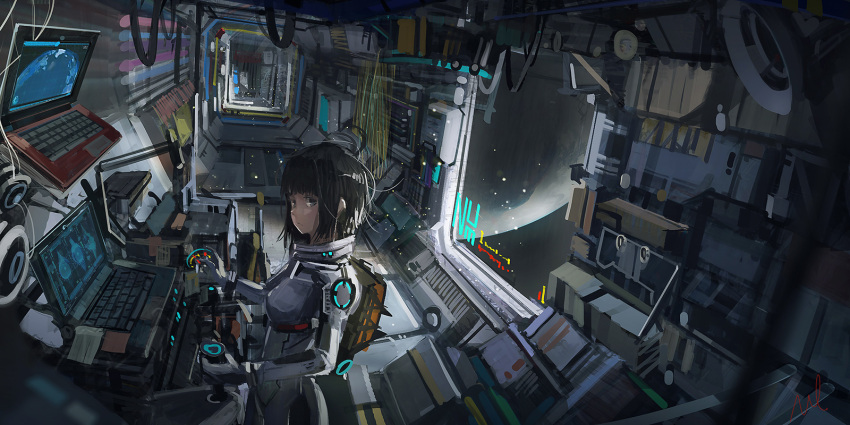 1girl black_hair computer dark floating_hair frown grey_eyes hallway highres hose indoors light_particles looking_at_viewer looking_to_the_side novelance original outer_space planet scenery science_fiction short_hair signature sketch solo space_craft spacesuit speaker vanishing_point window