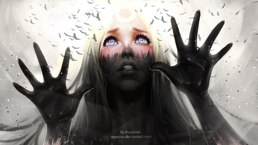 1girl artist_name ayya_saparniyazova bird black_skin blonde_hair blue_eyes dirt dirty_face eyebrows eyelashes flock hands highres light_particles lips looking_up mouth nervous original outstretched_hand parted_lips solo teeth upper_body watermark web_address wide-eyed