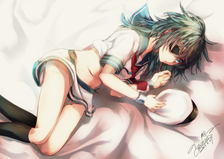 1girl artist_name black_legwear blue_eyes blush closed_eyes crop_top from_above green_hair hat hat_removed headwear_removed holding holding_hat kantai_collection kiso_(kantai_collection) kneehighs looking_at_viewer messy_hair midriff navel neckerchief one_eye_covered school_uniform serafuku shirt short_hair short_sleeves signature skirt sleeve_cuffs solo stomach thighs upskirt white_hat white_shirt white_skirt wrist_cuffs yuihira_asu