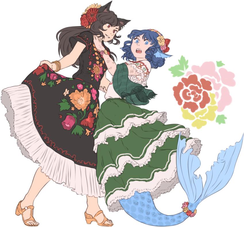 2girls animal_ears bangle black_hair blue_eyes blue_hair bracelet commentary drill_hair fish_tail flower full_body hair_flower hair_ornament head_fins high_heels imaizumi_kagerou jewelry layered_skirt mefomefo mermaid mexican_dress monster_girl multiple_girls open_mouth red_eyes shawl shoes short_hair short_sleeves simple_background skirt_hold touhou wakasagihime white_background wolf_ears