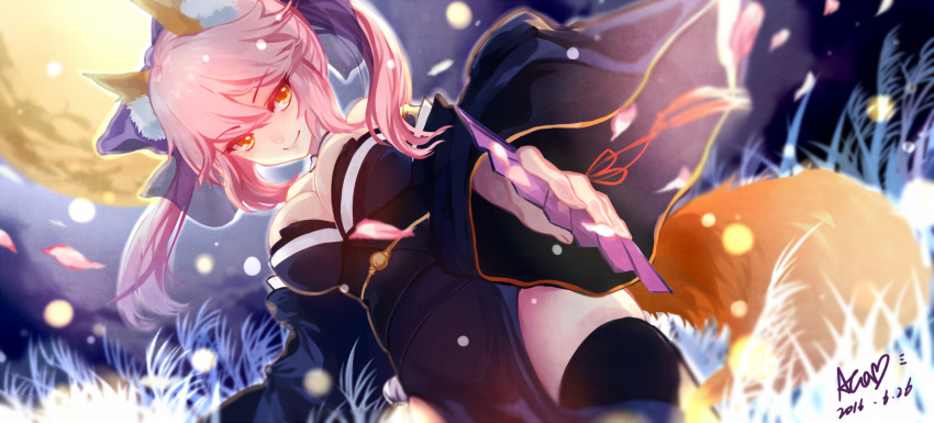 1girl animal_ears blue_legwear breasts caster_(fate/extra) cleavage dated detached_sleeves fate/extra fate/grand_order fate_(series) fox_ears fox_tail full_moon hair_ribbon highres japanese_clothes large_breasts looking_at_viewer moon pink_hair puyue ribbon signature solo tail yellow_eyes