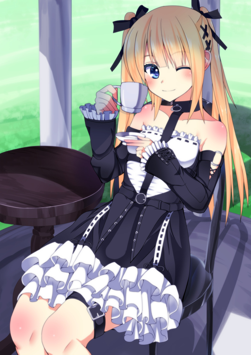 1girl ;) absurdres bare_shoulders blonde_hair blue_eyes chair commentary_request cup dead_or_alive dead_or_alive_5 detached_sleeves flat_chest frills gothic_lolita hair_ribbon highres lolita_fashion long_hair marie_rose nishisan_(mikurosu) ribbon saucer sitting smile solo teacup twintails wink