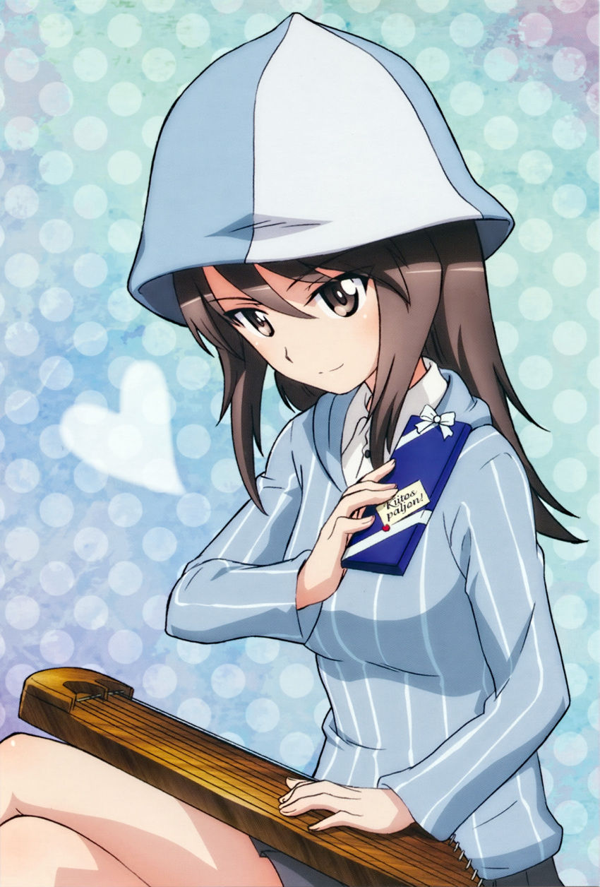 1girl brown_eyes brown_hair finnish gift girls_und_panzer hair_between_eyes hat highres instrument kantele long_hair mika_(girls_und_panzer) official_art patterned_background ribbon shirt solo striped striped_shirt translated vertical-striped_shirt vertical_stripes