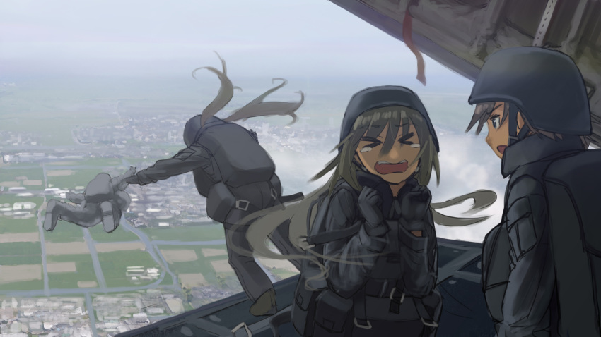 &gt;_&lt; 4girls aircraft closed_eyes gloves helmet hettsuaa highres jumping landscape military multiple_girls original parachute paratrooper skydive tears twintails
