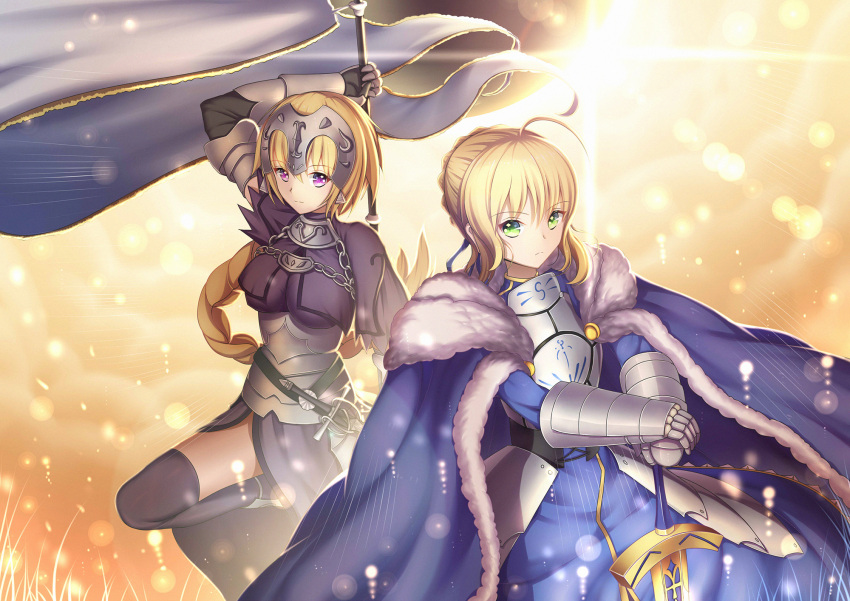 2girls ahoge armor armored_dress banner black_legwear blonde_hair blue_ribbon fate/apocrypha fate/stay_night fate_(series) gauntlets green_eyes hair_ornament hair_ribbon highres holding holding_sword holding_weapon long_hair looking_at_viewer multiple_girls ribbon ruler_(fate/apocrypha) saber short_hair sword thigh-highs violet_eyes weapon xiaosan_ye