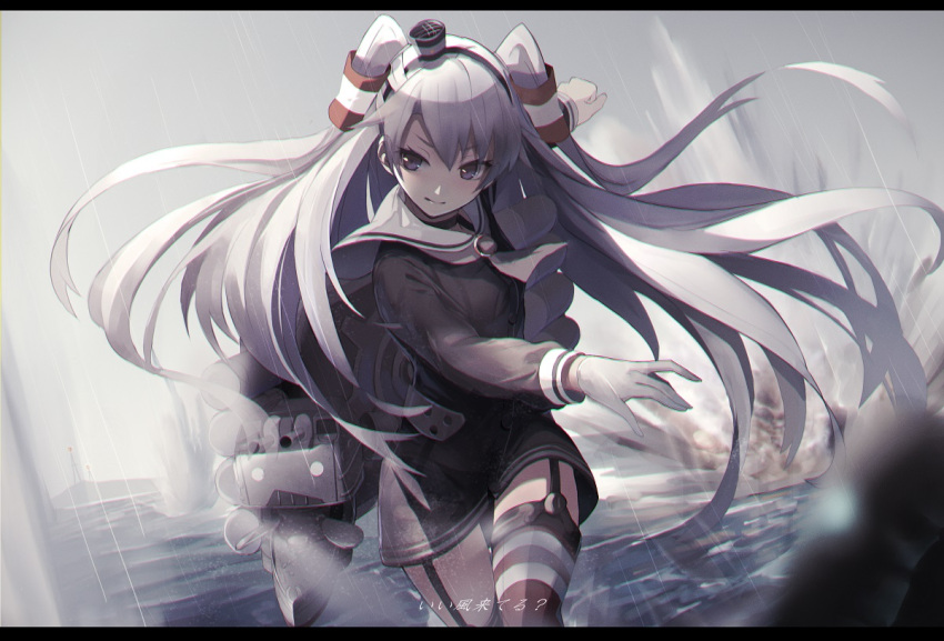 1girl alternate_eye_color amatsukaze_(kantai_collection) choker clenched_hand cowboy_shot dress explosion fami_(yellow_skies) garter_straps gloves hair_tubes headgear kantai_collection letterboxed light_smile long_sleeves looking_to_the_side rain red_legwear rensouhou-kun sailor_dress see-through single_glove solo striped striped_legwear thigh-highs torpedo translated two_side_up violet_eyes white_gloves white_hair