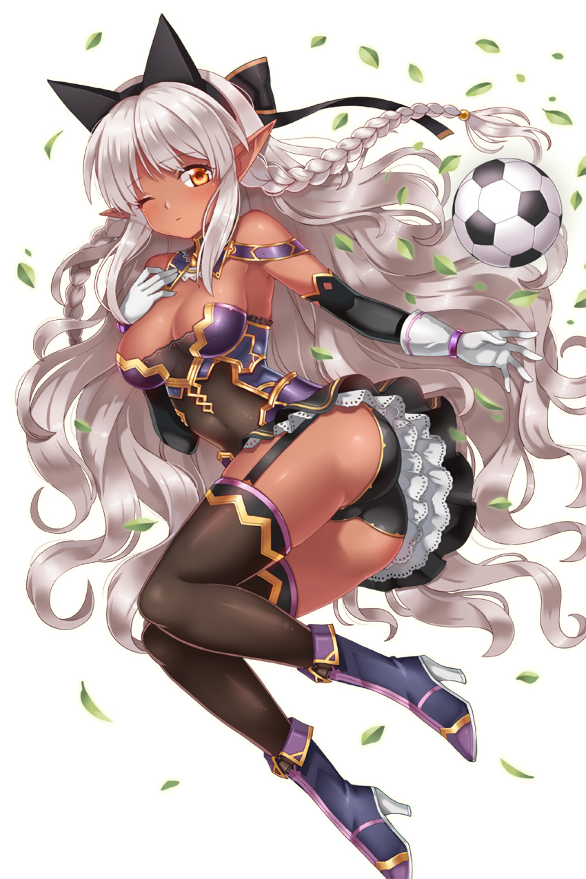 1girl ass ball black_bow black_legwear black_panties boots bow braid breasts brown_eyes cleavage covered_navel dark_skin elbow_sleeve elf full_body garter_straps gloves hair_bow hairband highres leaf light_brown_hair long_hair looking_at_viewer official_art one_eye_closed outstretched_arm panties pointy_ears purple_boots serin199 silk_(soccer_spirits) soccer_ball soccer_spirits solo thigh-highs underwear white_gloves