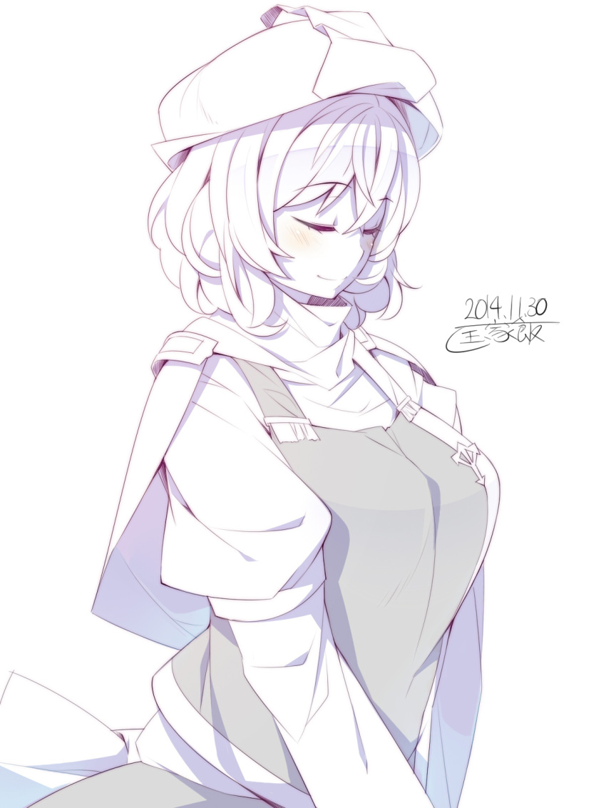 1girl blush breasts closed_eyes commentary_request dated hat highres juliet_sleeves kokka_han large_breasts letty_whiterock long_sleeves mob_cap monochrome puffy_sleeves short_hair smile solo touhou upper_body v_arms