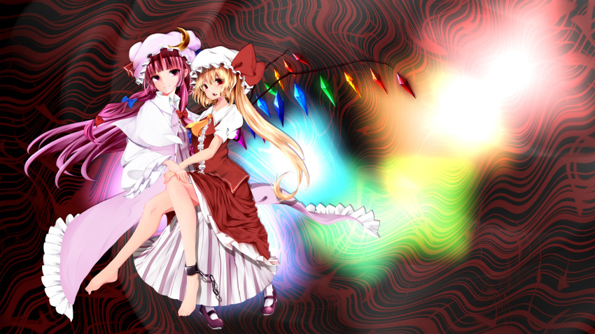 2girls barefoot blonde_hair chain cravat crescent crescent_hair_ornament cuffs double_bun dress fangs flandre_scarlet full_body gradient gradient_background hair_ornament hand_on_another's_knee hands_together hat hat_ribbon highres long_hair looking_at_viewer mary_janes mob_cap multiple_girls open_mouth patchouli_knowledge purple_hair purple_shoes red_eyes ribbon robe shackles shoes short_sleeves side_ponytail sitting sitting_on_lap sitting_on_person skirt skirt_set smile striped striped_dress touhou very_long_hair violet_eyes wings yanagi_638