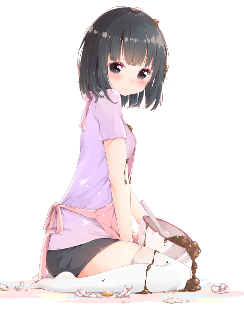 1girl apron azuki_(krps-hano) bangs bare_arms black_eyes black_hair black_skirt bob_cut bowl breasts broken_egg chocolate closed_mouth clumsy egg egg_yolk food food_on_head from_side full_body highres medium_breasts miniskirt mixing_bowl no_shoes object_on_head original pencil_skirt pink_apron pout short_hair short_sleeves simple_background sitting skirt solo spatula spill tears thigh-highs wariza white_background white_legwear