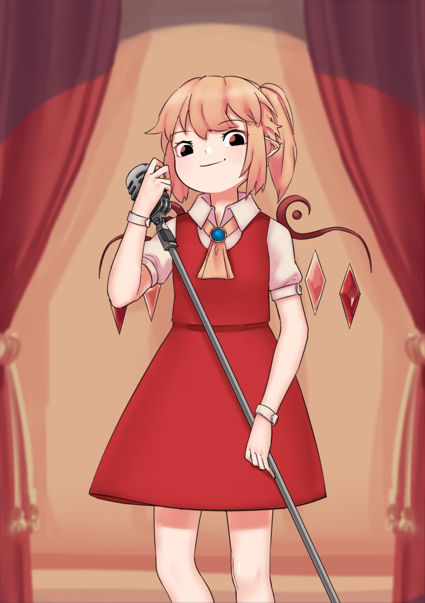 1girl absurdres ascot black_eyes blonde_hair brooch closed_mouth commentary cowboy_shot crystal curtains english_commentary eyebrows_visible_through_hair feet_out_of_frame flandre_scarlet highres holding holding_microphone holding_microphone_stand jewelry looking_at_viewer microphone microphone_stand no_hat no_headwear pointy_ears puffy_short_sleeves puffy_sleeves red_skirt red_vest short_hair short_sleeves side_ponytail skirt skirt_set smile solo standing touhou vest vintage_microphone wings wrist_cuffs yellow_neckwear yoruny