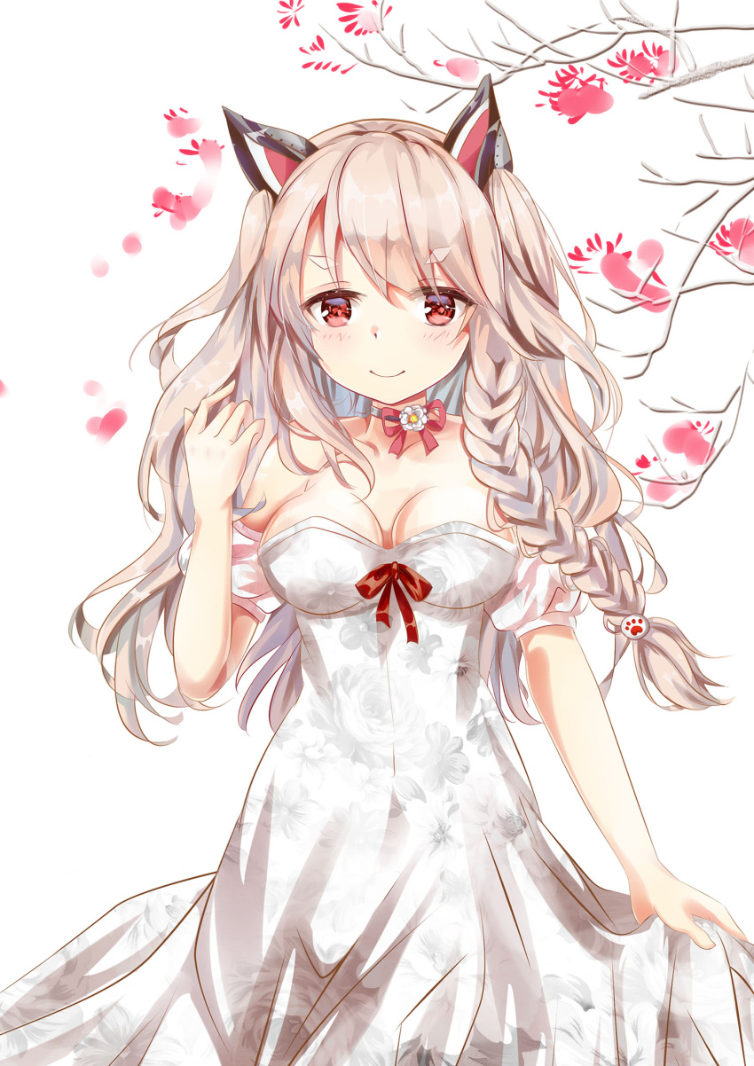 1girl animal_ears azur_lane bangs bare_shoulders blush braid breasts cleavage closed_mouth collarbone detached_sleeves dress eyebrows_visible_through_hair floral_print flower hair_between_eyes hand_up highres large_breasts light_brown_hair long_hair looking_at_viewer mutang print_dress puffy_short_sleeves puffy_sleeves red_eyes red_flower red_ribbon ribbon short_sleeves side_braid simple_background single_braid skirt_hold smile solo strapless strapless_dress thick_eyebrows unmoving_pattern very_long_hair white_background white_dress white_flower wolf_ears yuudachi_(azur_lane)