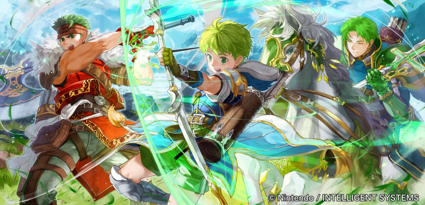 3boys armor arrow axe bow_(weapon) boyd brothers closed_eyes company_name feathers fingerless_gloves fire_emblem fire_emblem:_souen_no_kiseki fire_emblem_cipher gloves green_eyes green_hair headband highres horse leaf male_focus mayo_(becky2006) multiple_boys official_art open_mouth oscar polearm quiver rolf siblings sky spear teeth weapon
